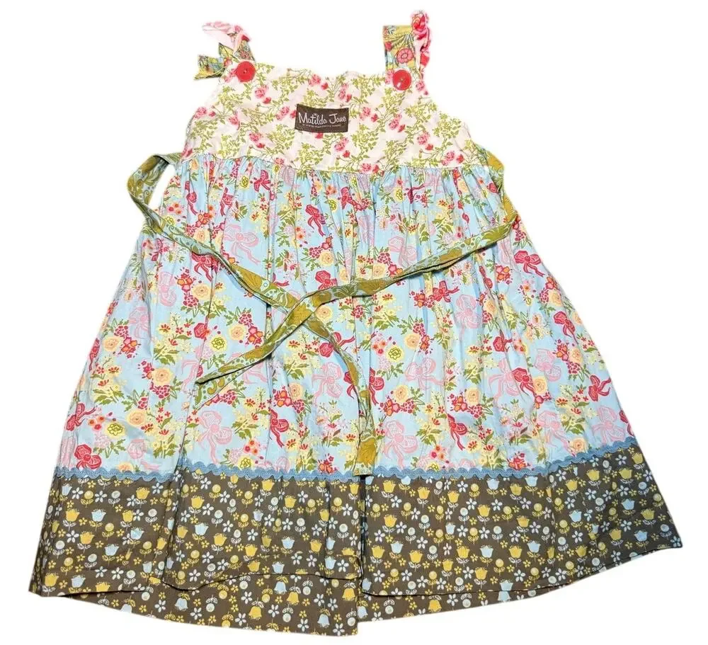 Matilda Jane Serendipity Patchwork Dress, Boho Apron Tie Floral, Girls Size 6